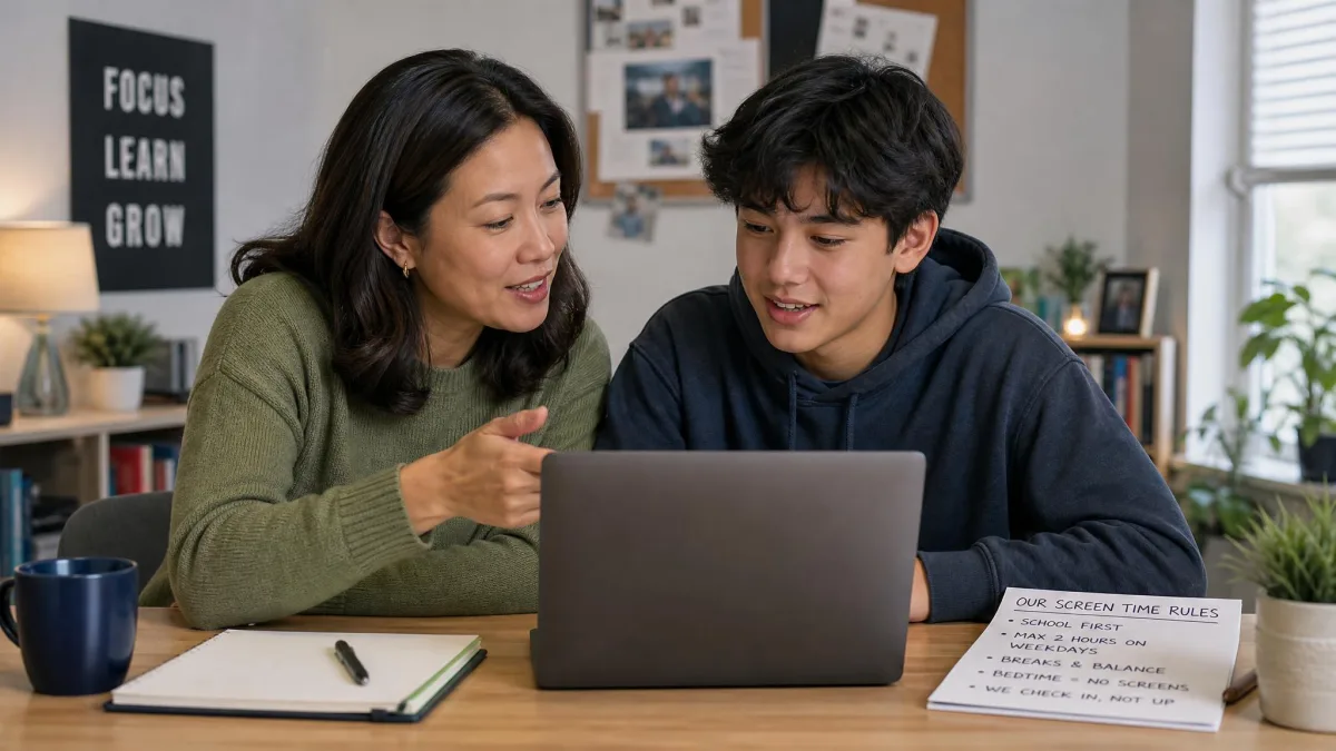 A parent and a teenager sitting side by side at a desk looking at a laptop screen together, talking through screen time rules rather than one person checking on the other.