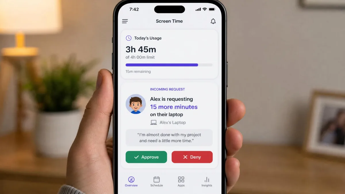 A parent app on a phone showing an incoming screen time extension request from a child's laptop, with approve and deny buttons and the day's usage total above.