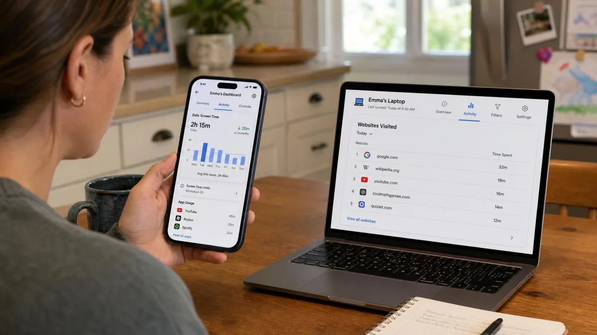A parent sitting at a kitchen table reviewing a parental control dashboard on a phone, showing a daily screen time bar chart and a list of websites visited on a child's laptop.