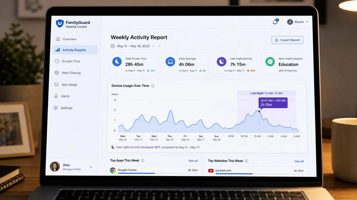 A weekly parental control activity report open on a laptop, with a usage chart highlighting a spike of late-night laptop activity after midnight.