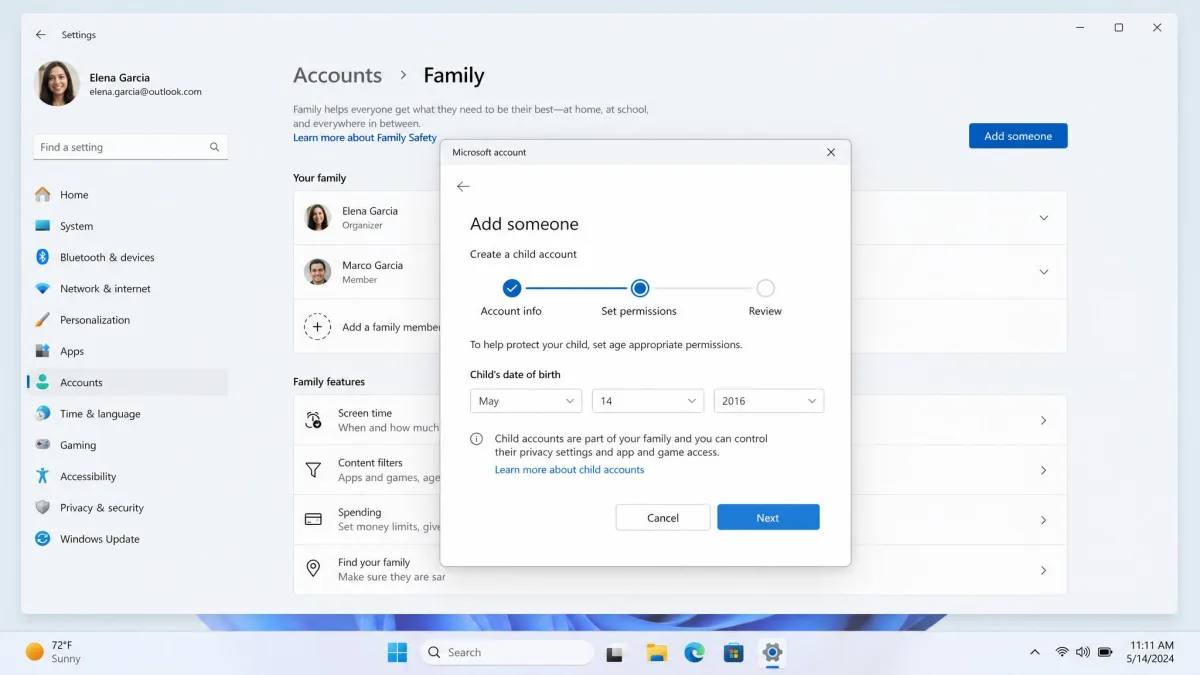 The Windows 11 Settings app open on Accounts and Family, showing the Add someone dialog partway through creating a child account for a family group.