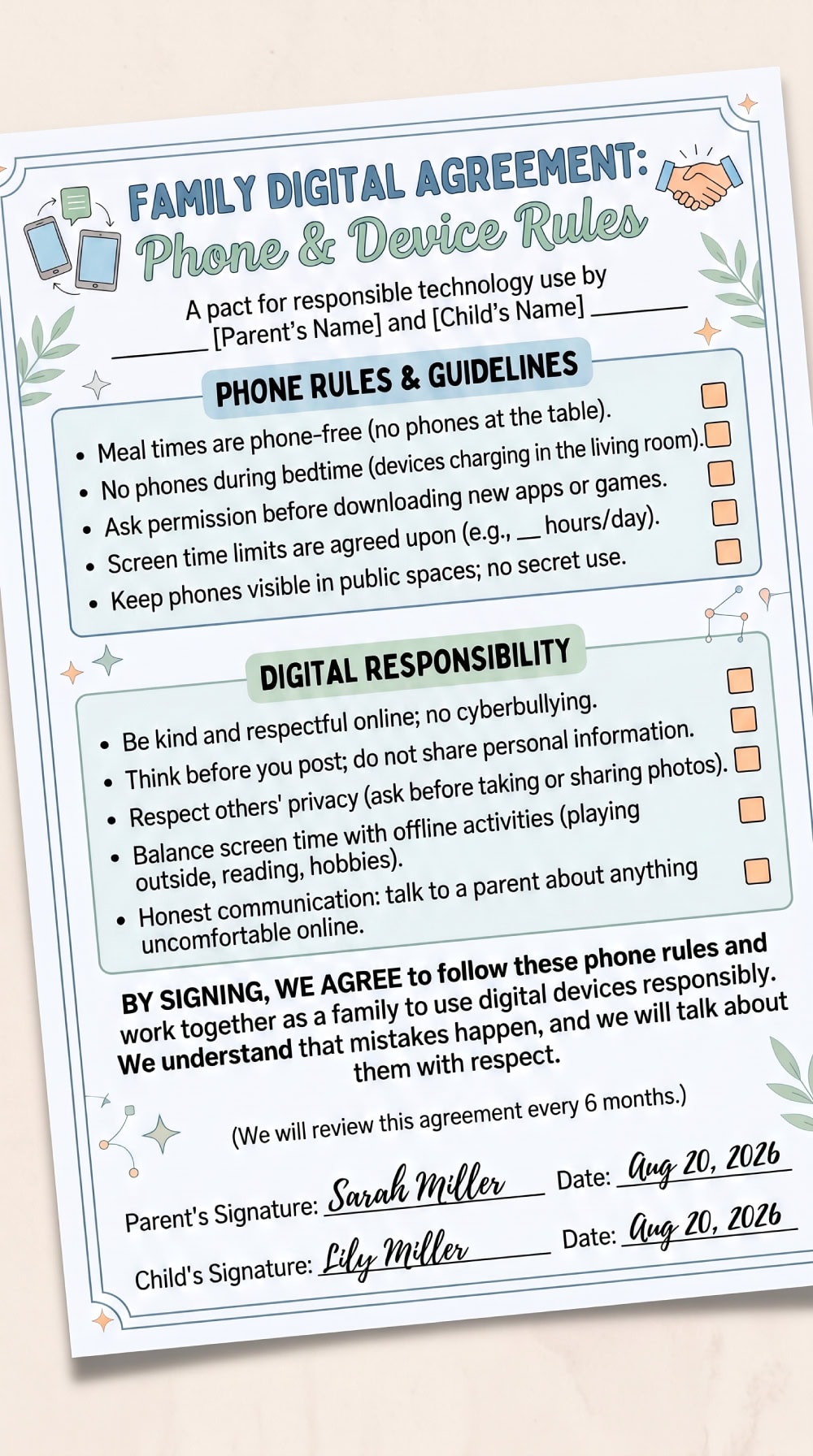 A printable family digital agreement checklist with phone rules, signed by a parent and child.