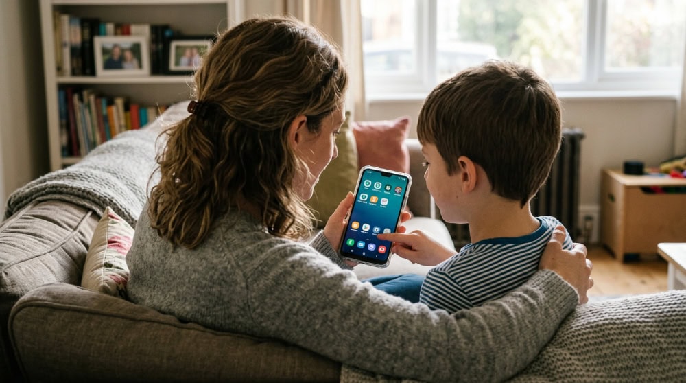 A parent and child looking at a smartphone home screen together on a couch, with parental-control app icons visible, illustrating a privacy-first approach to phone monitoring.