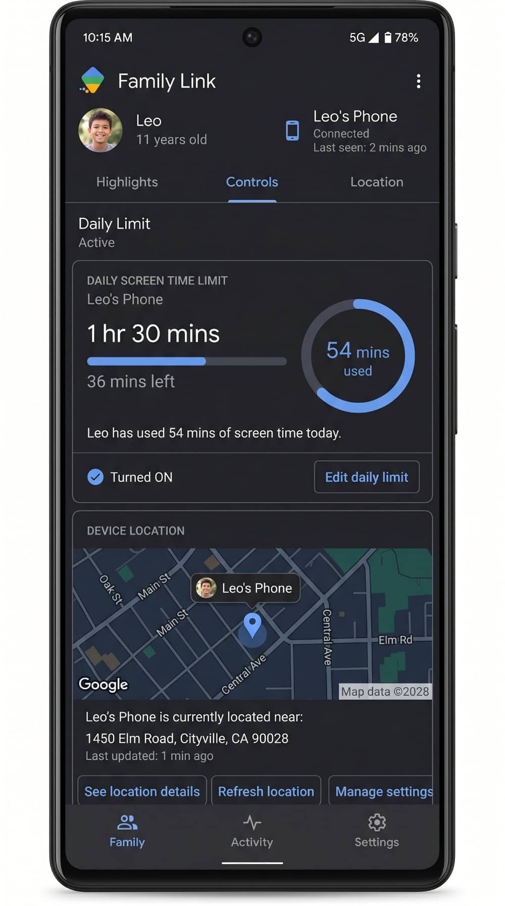 Google Family Link app showing daily screen-time limits and device location for a supervised Android phone.