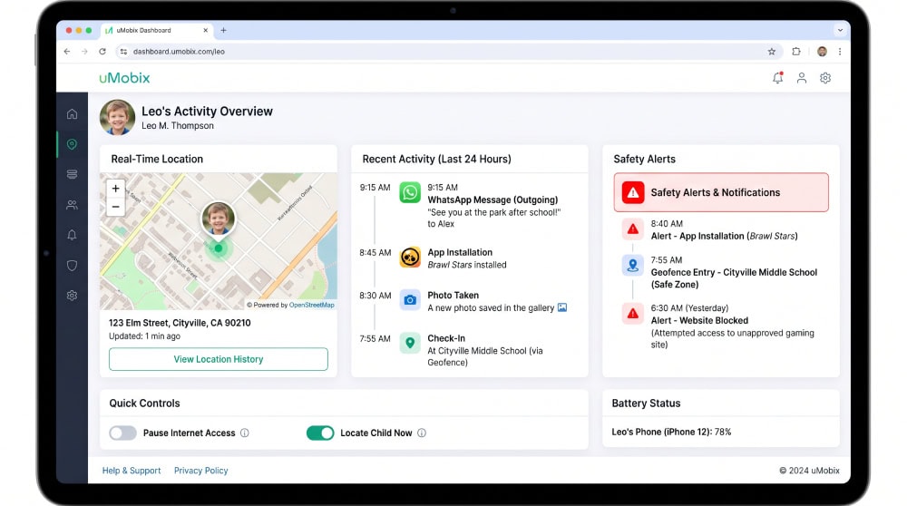 uMobix parental dashboard showing a child's real-time location, recent activity, and safety alerts in one view.