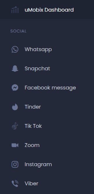 uMobix control panel menu for monitoring Snapchat