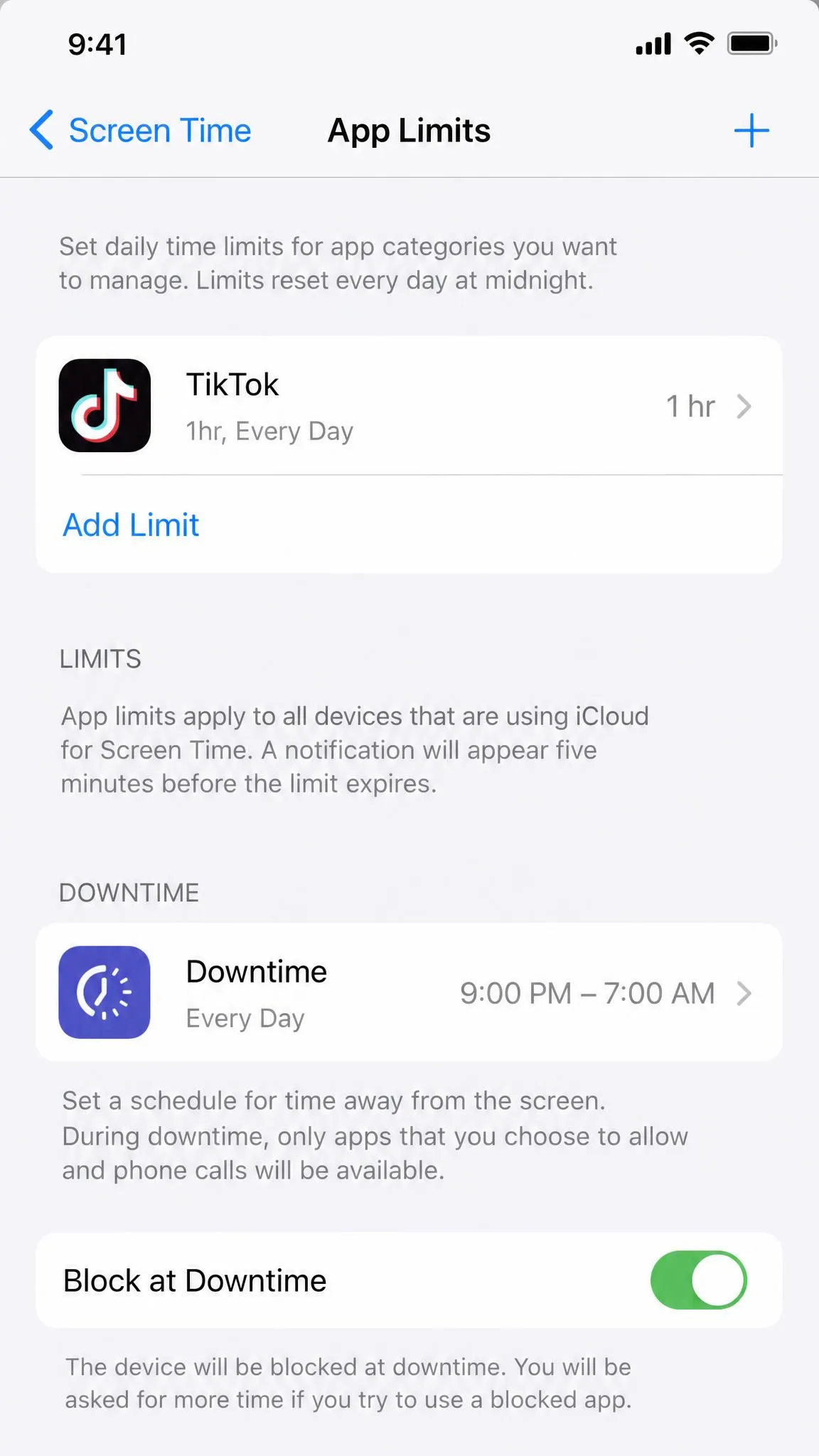 An iPhone Screen Time App Limits screen with a one-hour daily limit set for TikTok and Downtime scheduled for the evening.