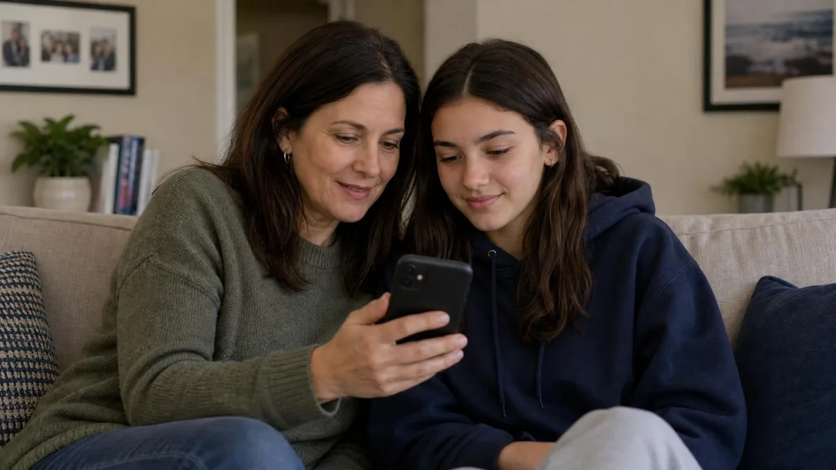 A parent and a teenager sitting on a sofa, looking together at a phone showing TikTok's Settings and privacy screen with the Family Pairing option visible.