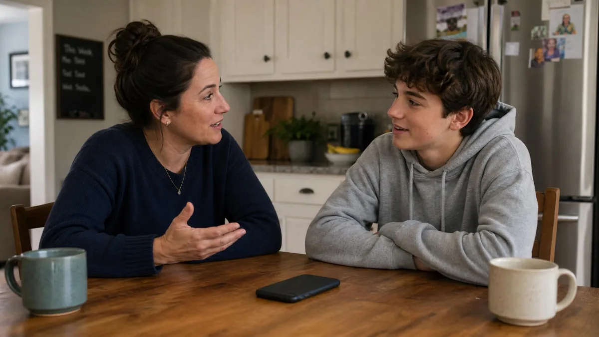 A parent and teenager talking at a kitchen table with a phone face-down between them, both relaxed and mid-conversation.