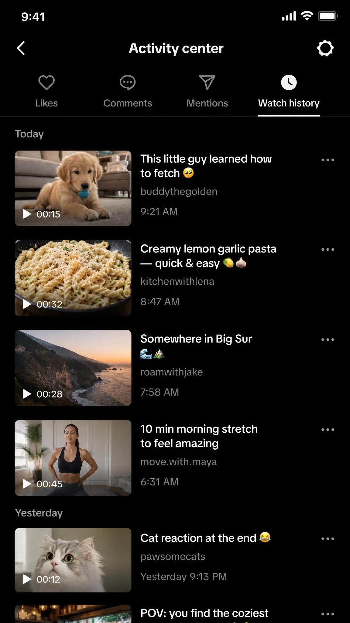 TikTok's Activity center screen open on Watch history, showing a scrollable list of recently watched video thumbnails.