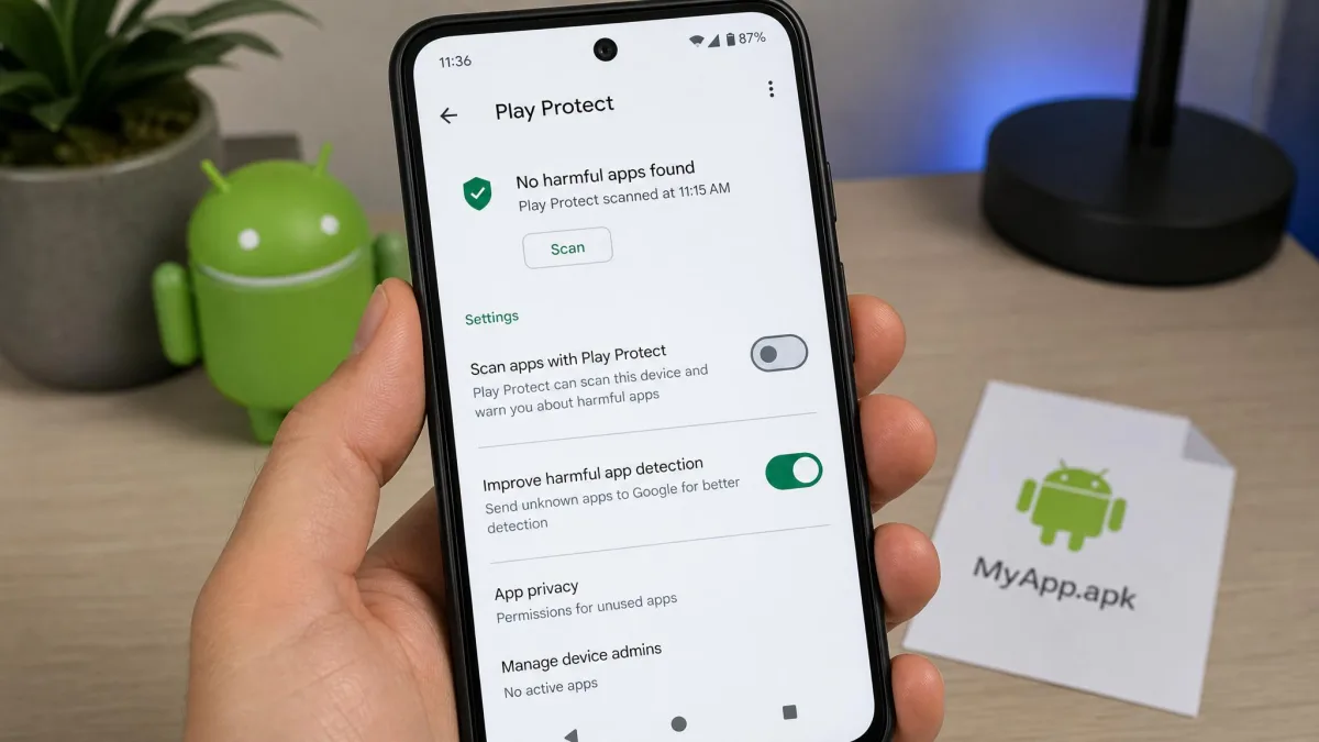 An Android phone showing the Play Protect scanning toggle switched off in the Google Play Store security settings, ahead of a manual APK install.