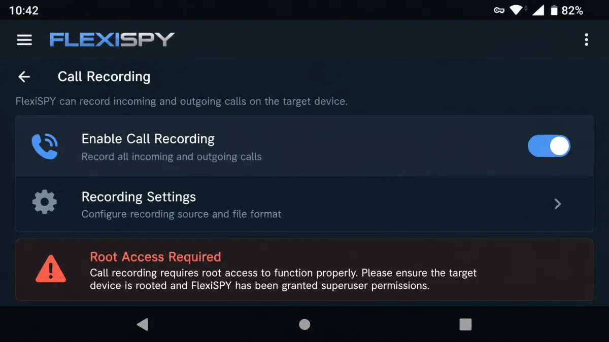 FlexiSPY's call recording settings screen on a rooted Android phone, with the recording toggle enabled and a warning about root requirements.