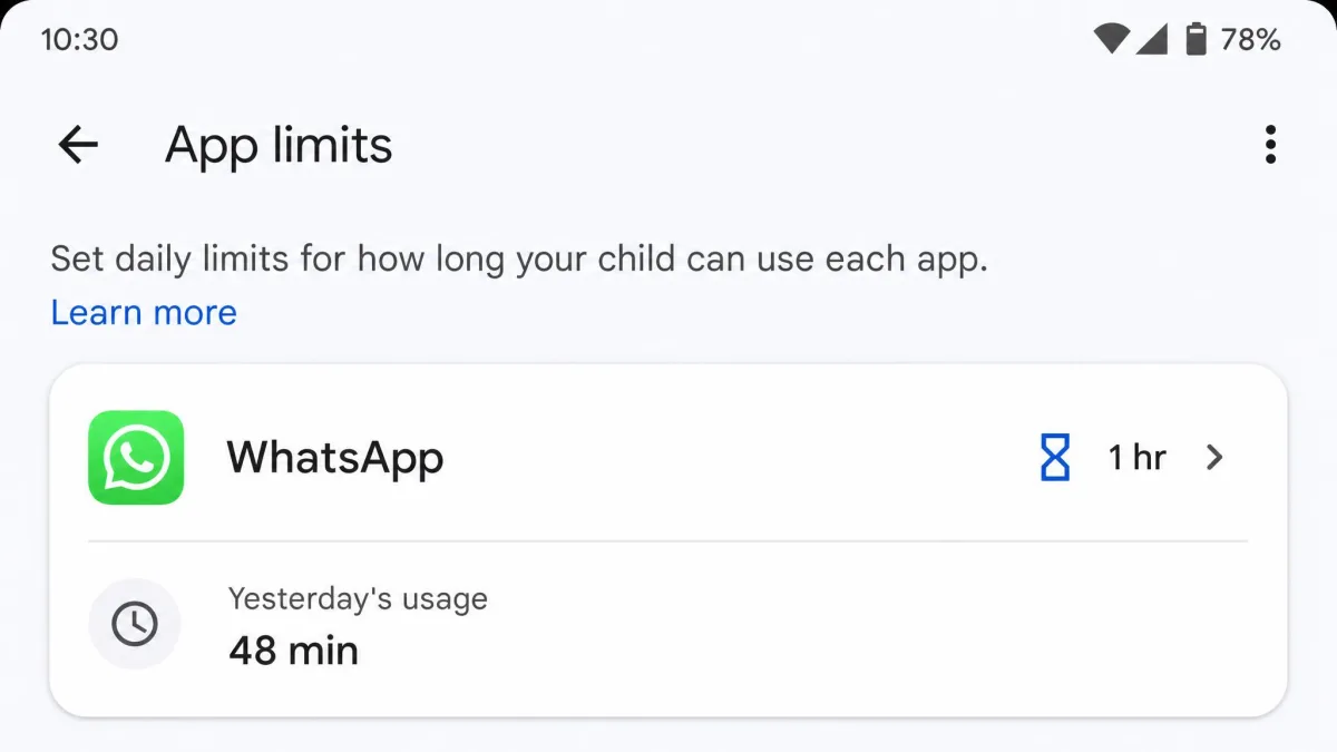 Google Family Link's app limits screen on a parent phone, showing WhatsApp with a one-hour daily limit set and yesterday's usage total below it.