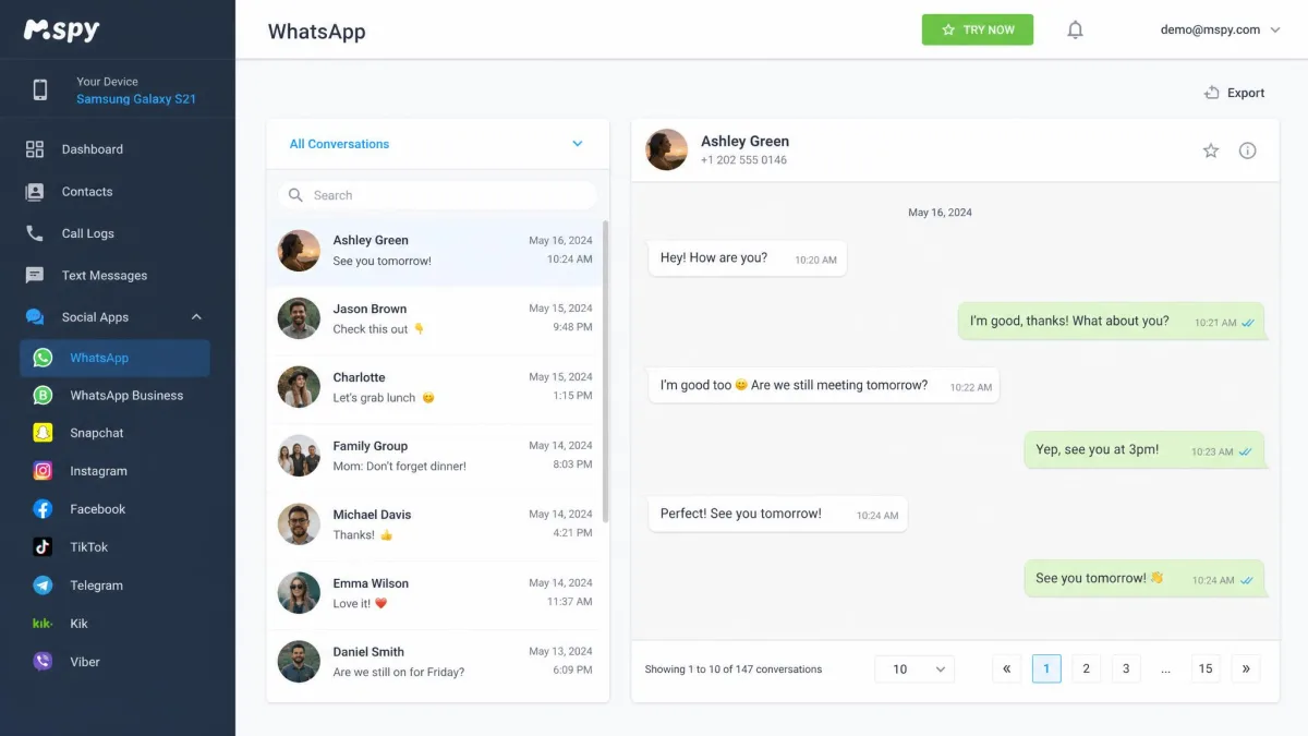 The mSpy web dashboard open on the WhatsApp section, listing captured conversations by contact with timestamps down the left column.