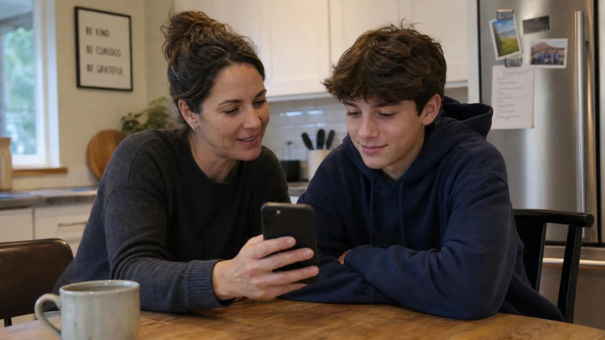A parent and a teenager sitting at a kitchen table looking at a phone together, with the WhatsApp privacy settings screen visible.