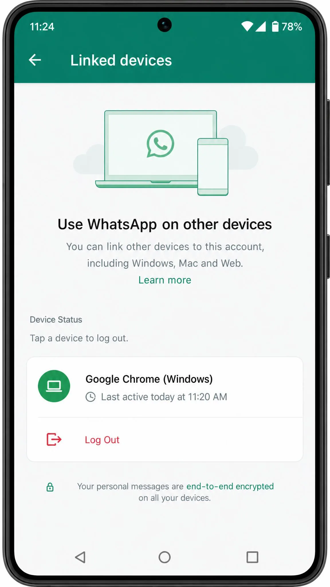 WhatsApp's Linked Devices screen on an Android phone showing one active WhatsApp Web session with its last-active timestamp and a Log Out button.