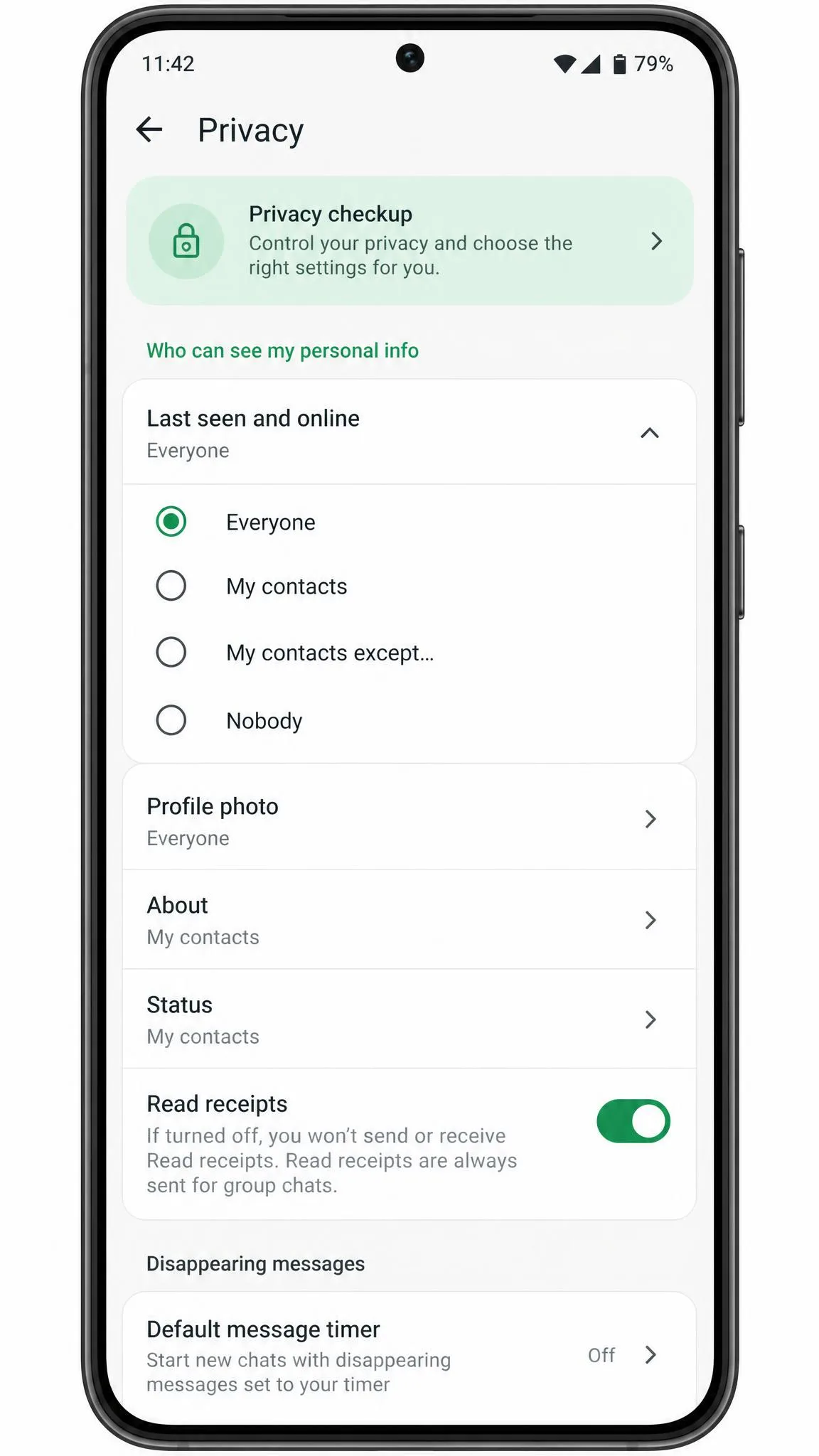 WhatsApp's Privacy settings on a phone with the Last Seen options expanded, showing Everyone, My Contacts, My Contacts Except and Nobody.