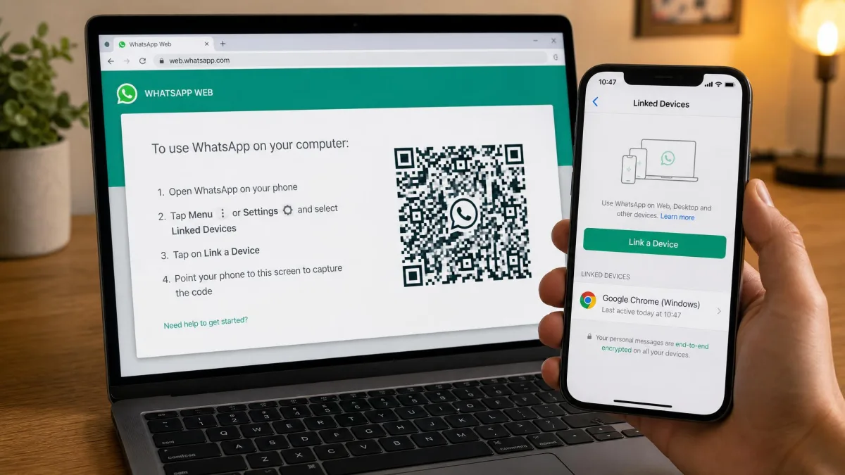 A laptop displaying the WhatsApp Web QR code screen next to a phone held up to scan it, with the Linked Devices menu open on the phone.