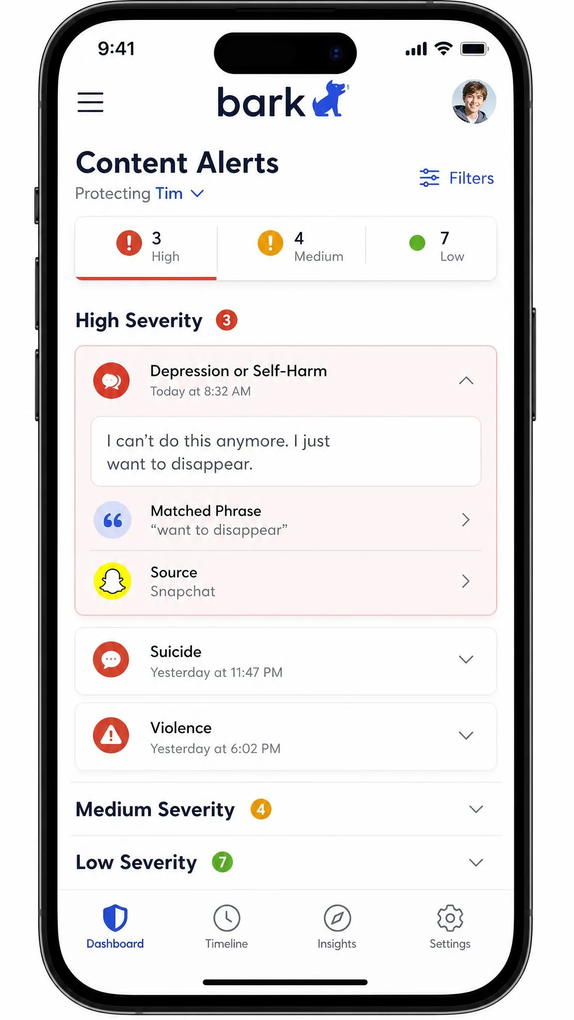 The Bark parent dashboard on a phone showing a list of content alerts grouped by severity, with one flagged message expanded to reveal the matched phrase and the app it came from.