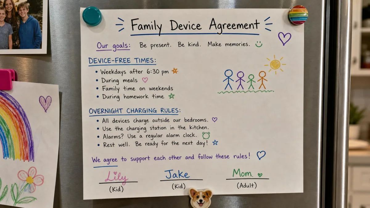 A handwritten family device agreement stuck to a refrigerator door with magnets, listing device-free times and overnight charging rules, signed at the bottom by two children and a parent.