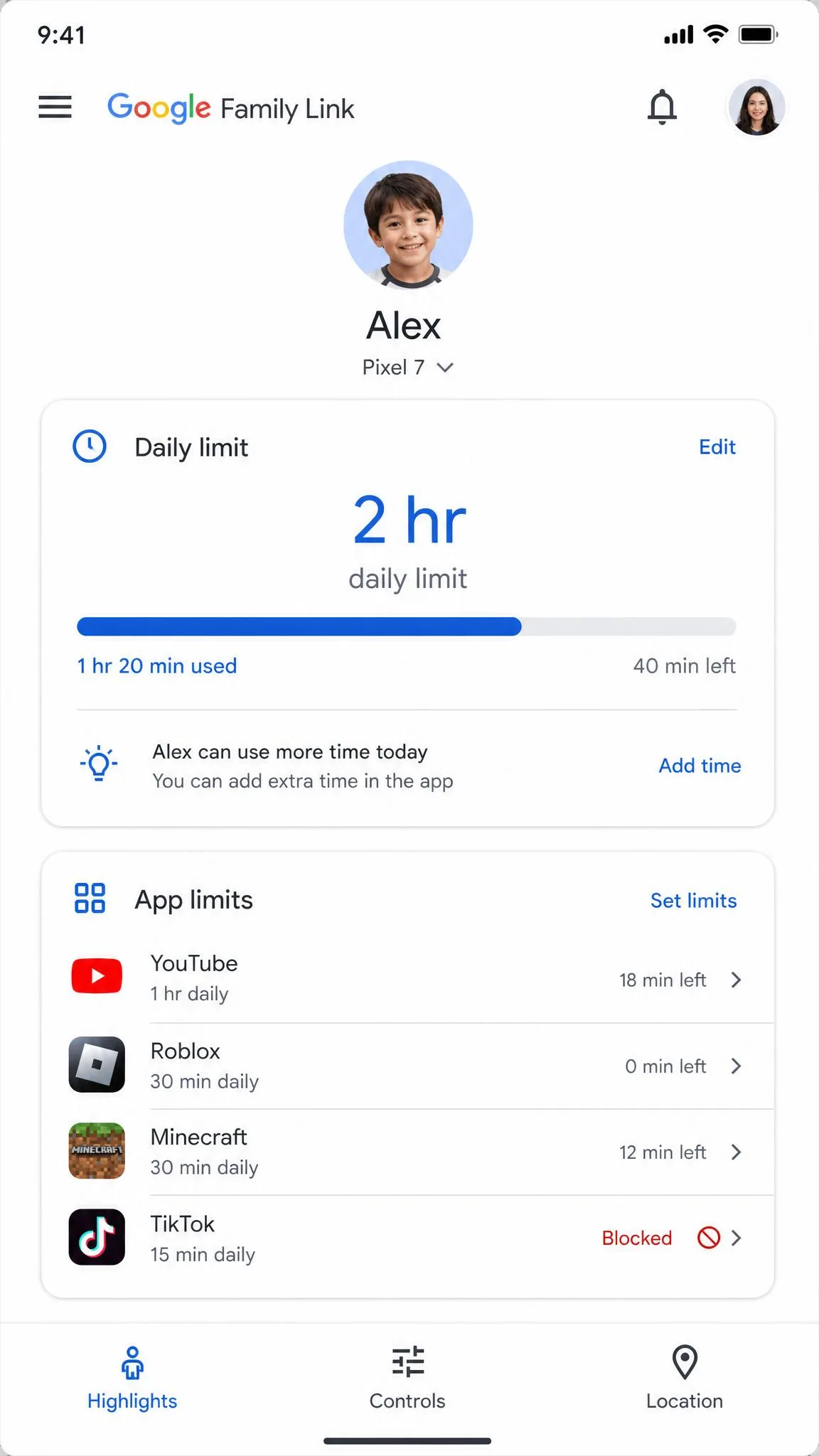 The Google Family Link parent app showing a child profile with a two-hour daily screen time limit set and a list of per-app limits below it, one app marked as blocked.