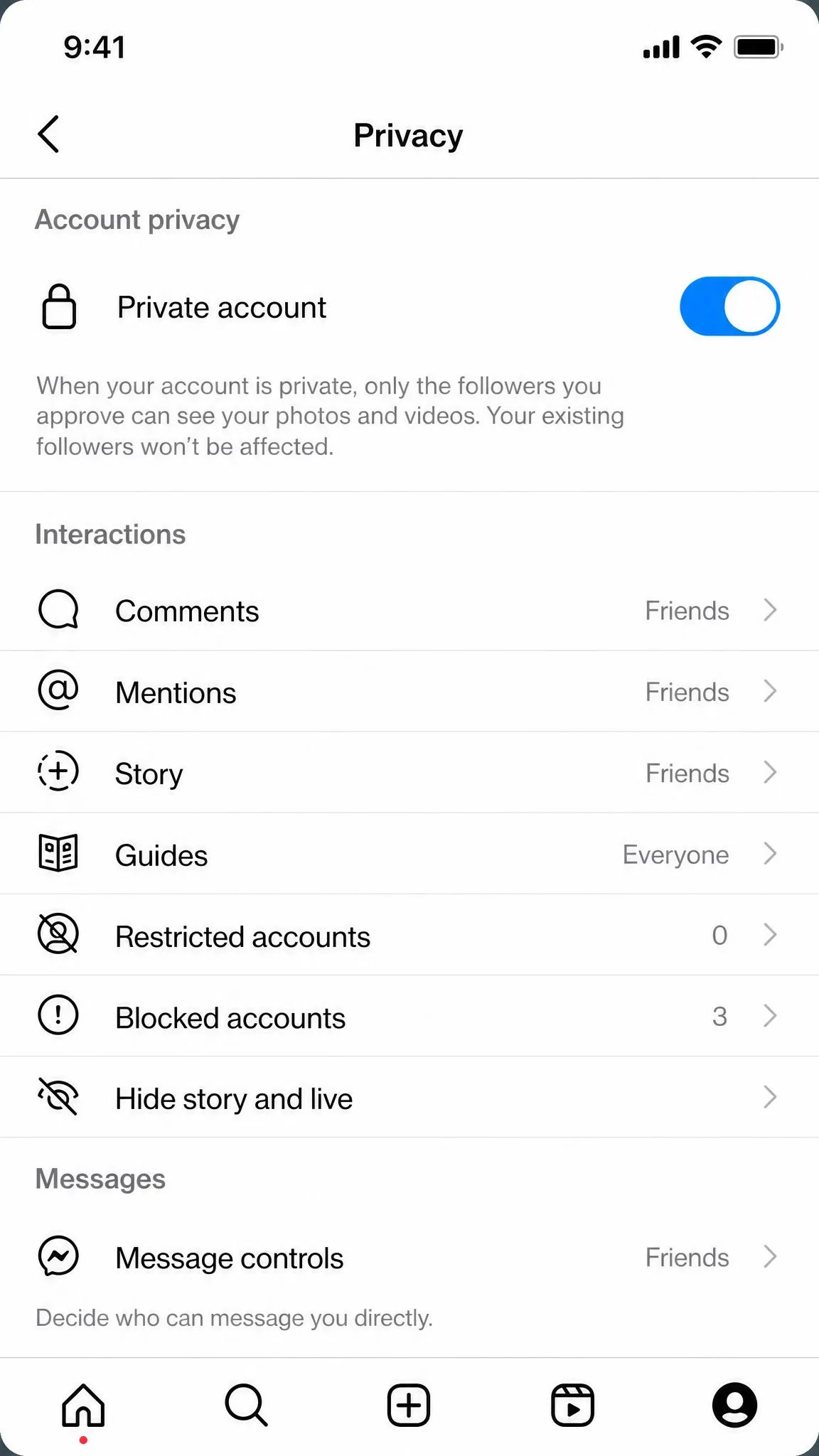 A social media privacy settings screen on a phone with the private account toggle switched on and message controls set to friends only.