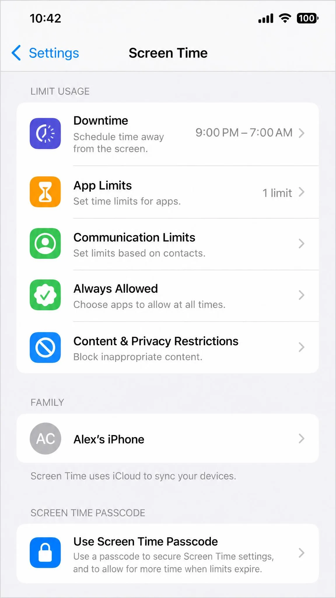 An iPhone Settings screen showing the Screen Time menu with Downtime scheduled from 9pm to 7am and App Limits listed underneath with a social networking limit of one hour.