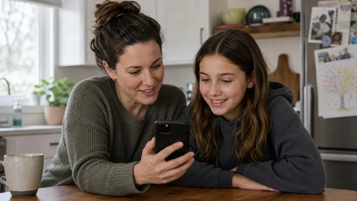 A parent and a preteen sitting side by side at a kitchen table looking at the same phone screen, with the settings menu visible and both people relaxed rather than confrontational.