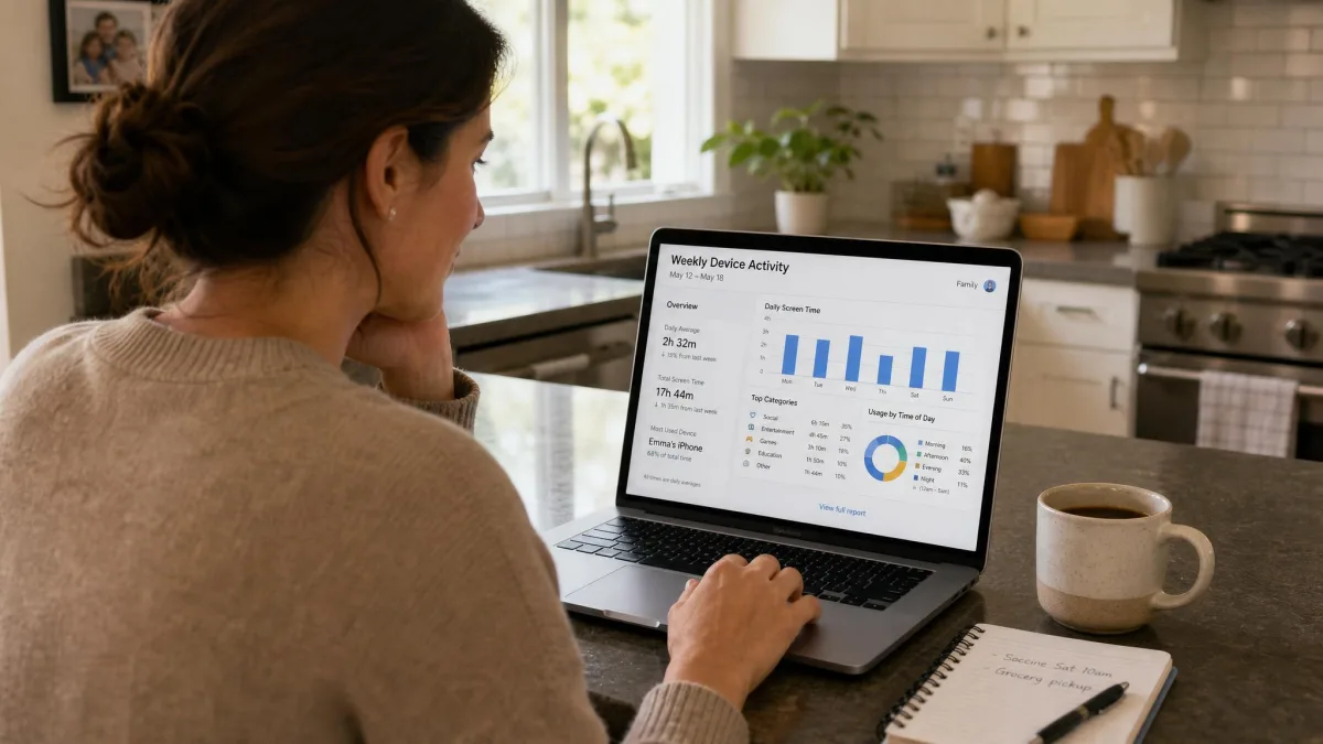 A parent at a kitchen counter scanning a weekly device activity report on a laptop, with a coffee cup beside it and a calm, routine rather than alarmed expression.