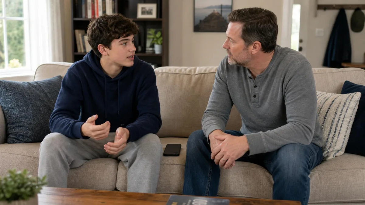 A teenager and a parent talking on a sofa in daylight with the teenager's phone lying face down on the cushion between them, both mid-conversation rather than looking at a screen.