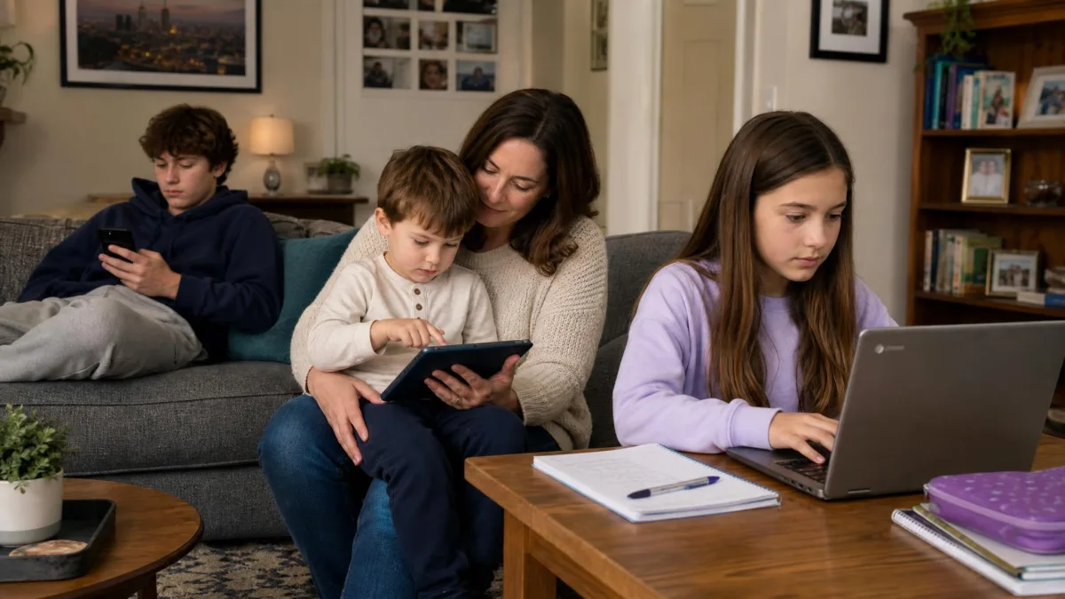 Three children of clearly different ages in a living room, a young child on a tablet in an adult's lap, a preteen on a laptop at the table and a teenager on a phone on the sofa.