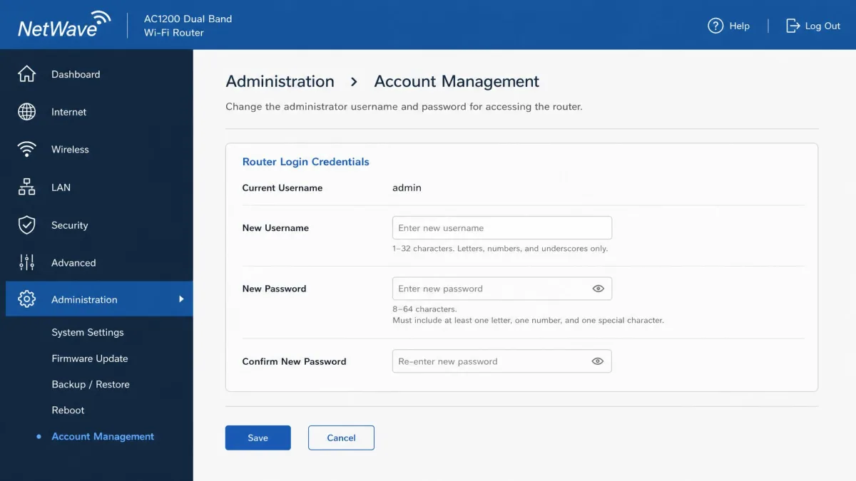 A router admin panel's administration page showing the fields to set a new login username and password for the router itself.