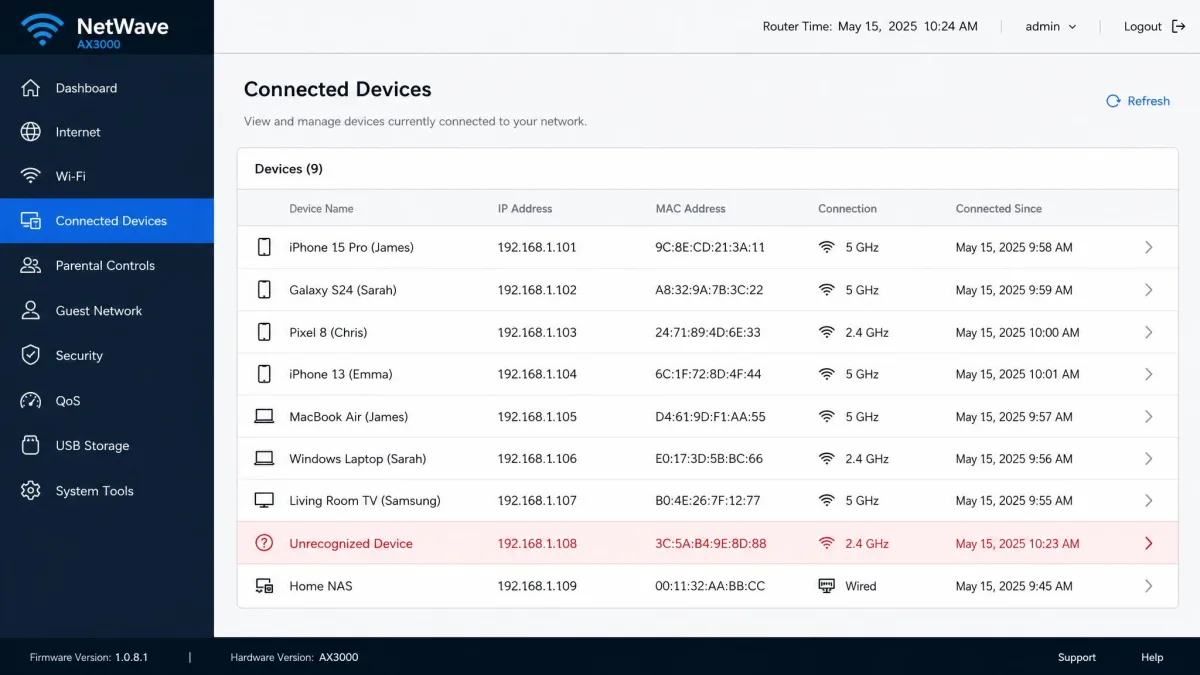 A router admin panel showing a connected-device list with four phones, two laptops, a smart TV, and one unrecognized device highlighted in red.