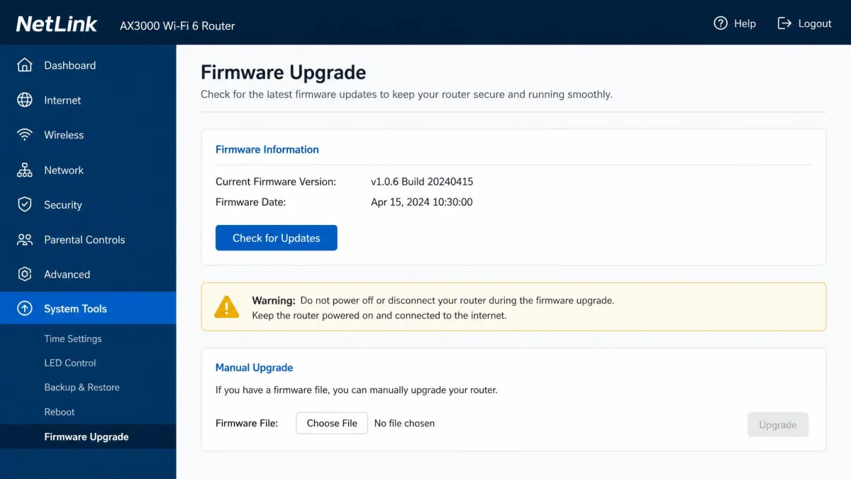 A router admin panel's firmware upgrade page showing the current firmware version and a button to check for updates, with a warning to keep power connected.