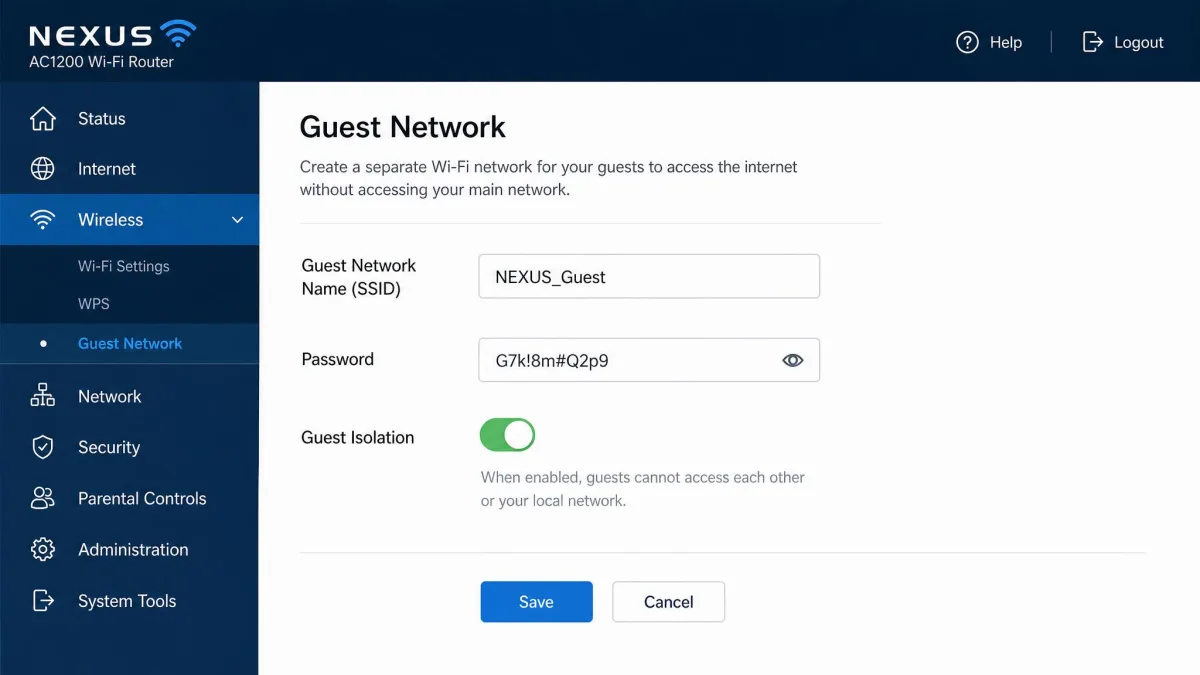 A router admin panel's guest network setup page with fields for a separate network name, a password, and an enable toggle for guest isolation.