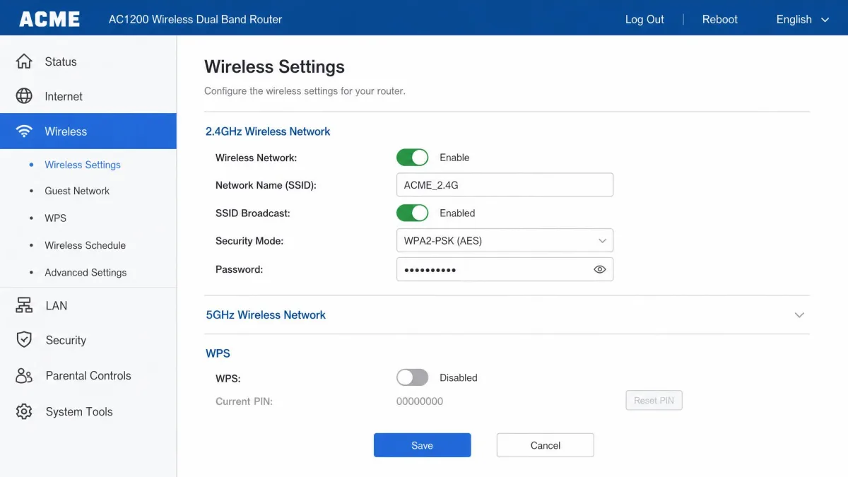 A router's wireless settings page with the SSID broadcast toggle and the WPS setting shown as disabled.