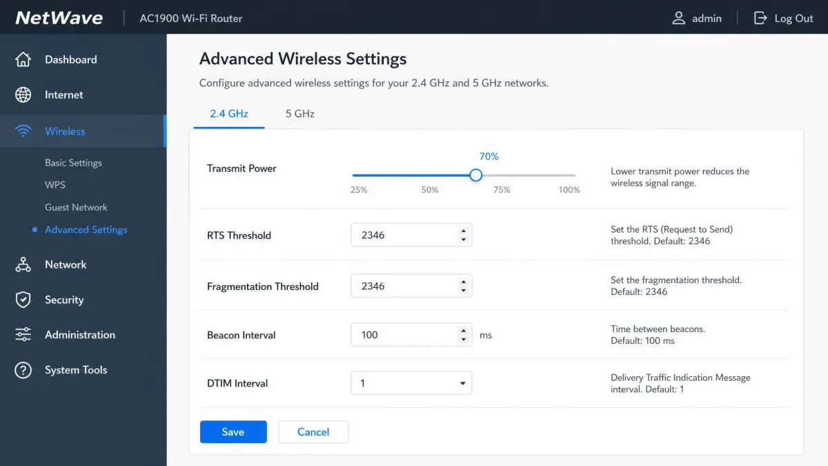 A router's advanced wireless settings showing the transmit power slider set below maximum, with the signal-range note beside it.