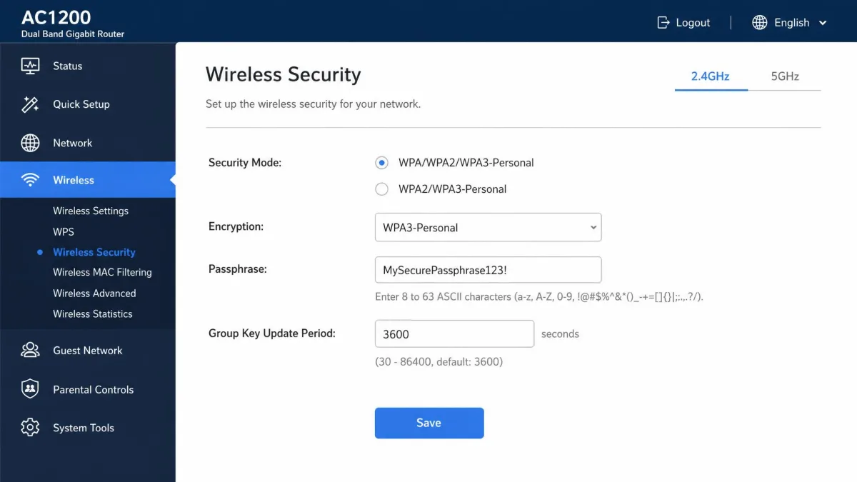 A router's wireless security settings page with the encryption dropdown set to WPA3-Personal and the passphrase field below it.