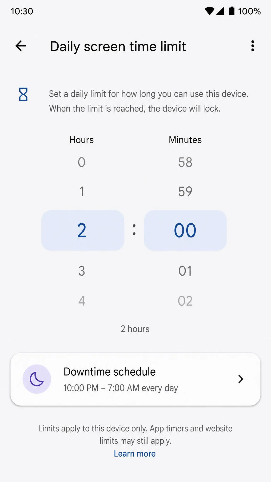 The Android daily screen time limit picker showing a two hour allowance selected on a scrolling hour and minute dial, with a downtime schedule row beneath it.