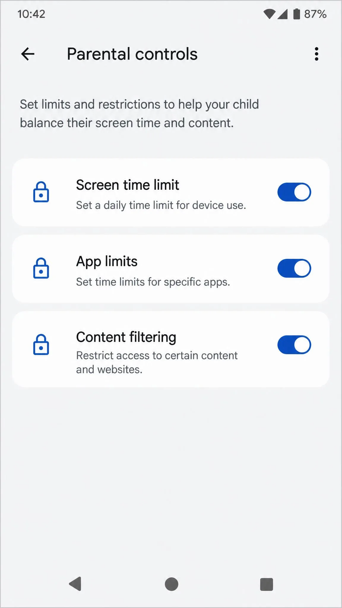 The Android Settings app open on the Parental controls screen, showing toggles for screen time limit, app limits and content filtering with a padlock icon beside each.