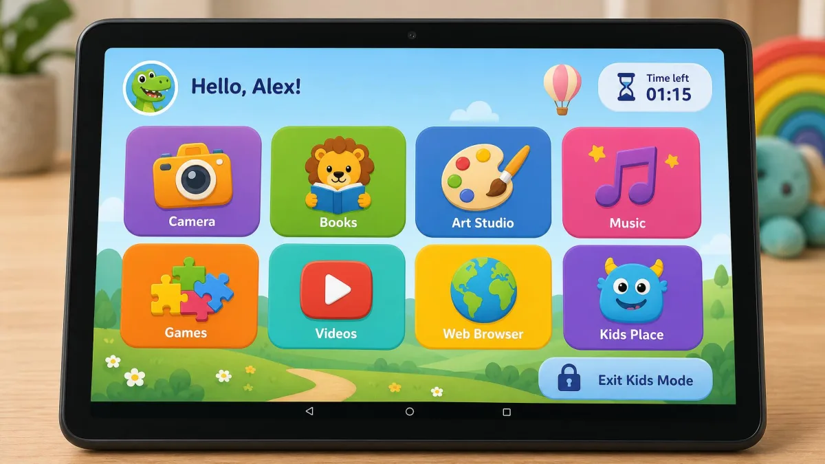 An Android tablet displaying a kids mode home screen with large colourful app tiles, a remaining-time badge in the corner and a padlock icon on the exit button.