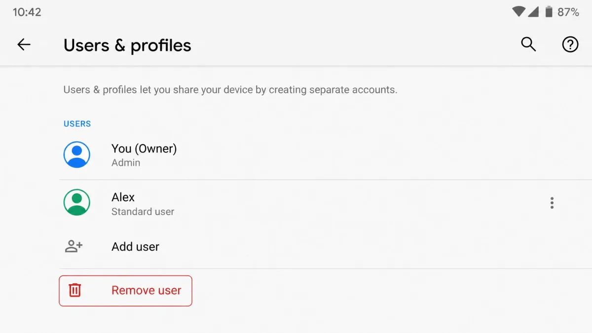 The Android users and profiles settings screen showing an owner account and an added secondary user, with a remove user option highlighted below.