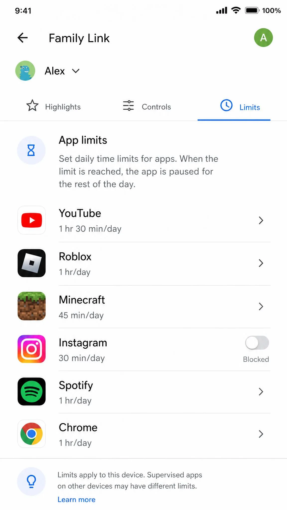 The Family Link app limits screen on a parent's phone, listing installed apps with daily time allowances beside each and a blocked toggle on one social media app.