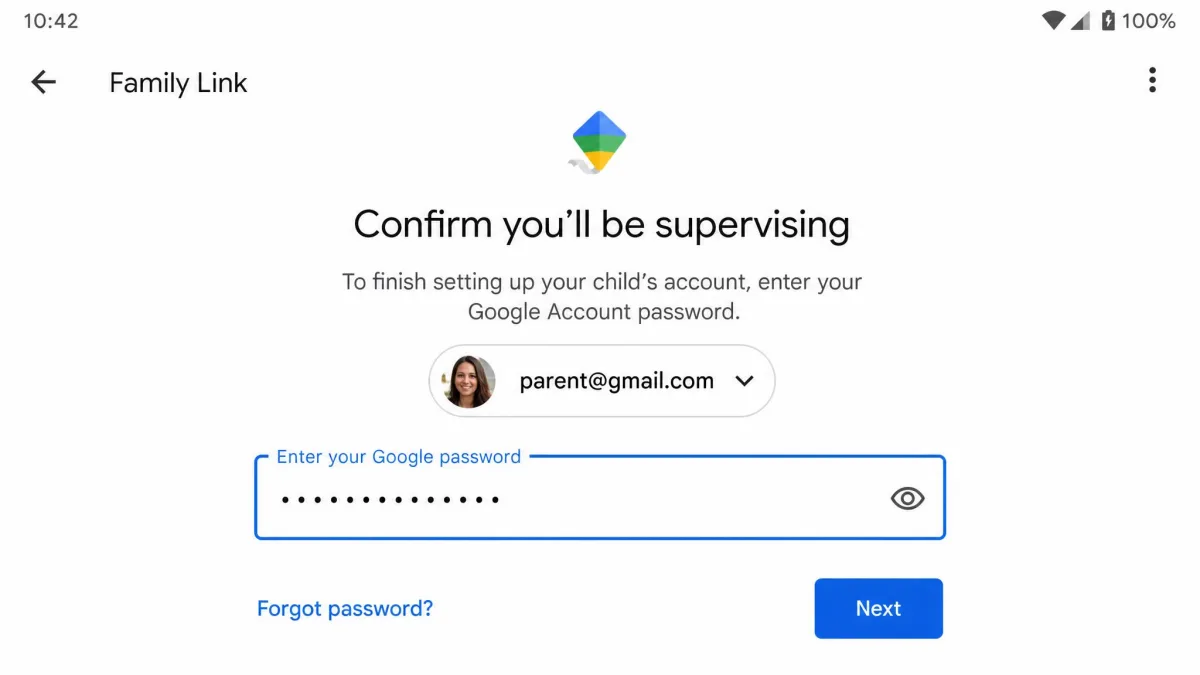 The Family Link setup screen on a parent's phone prompting for the parent's Google password to confirm supervision of a newly created child account.
