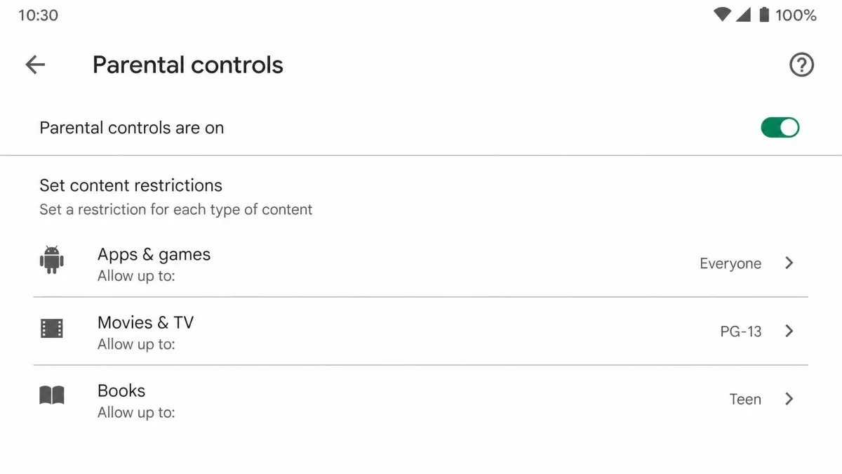 The Google Play Store parental controls screen with content rating options for apps and games, movies and TV, and books, each showing the currently allowed rating.