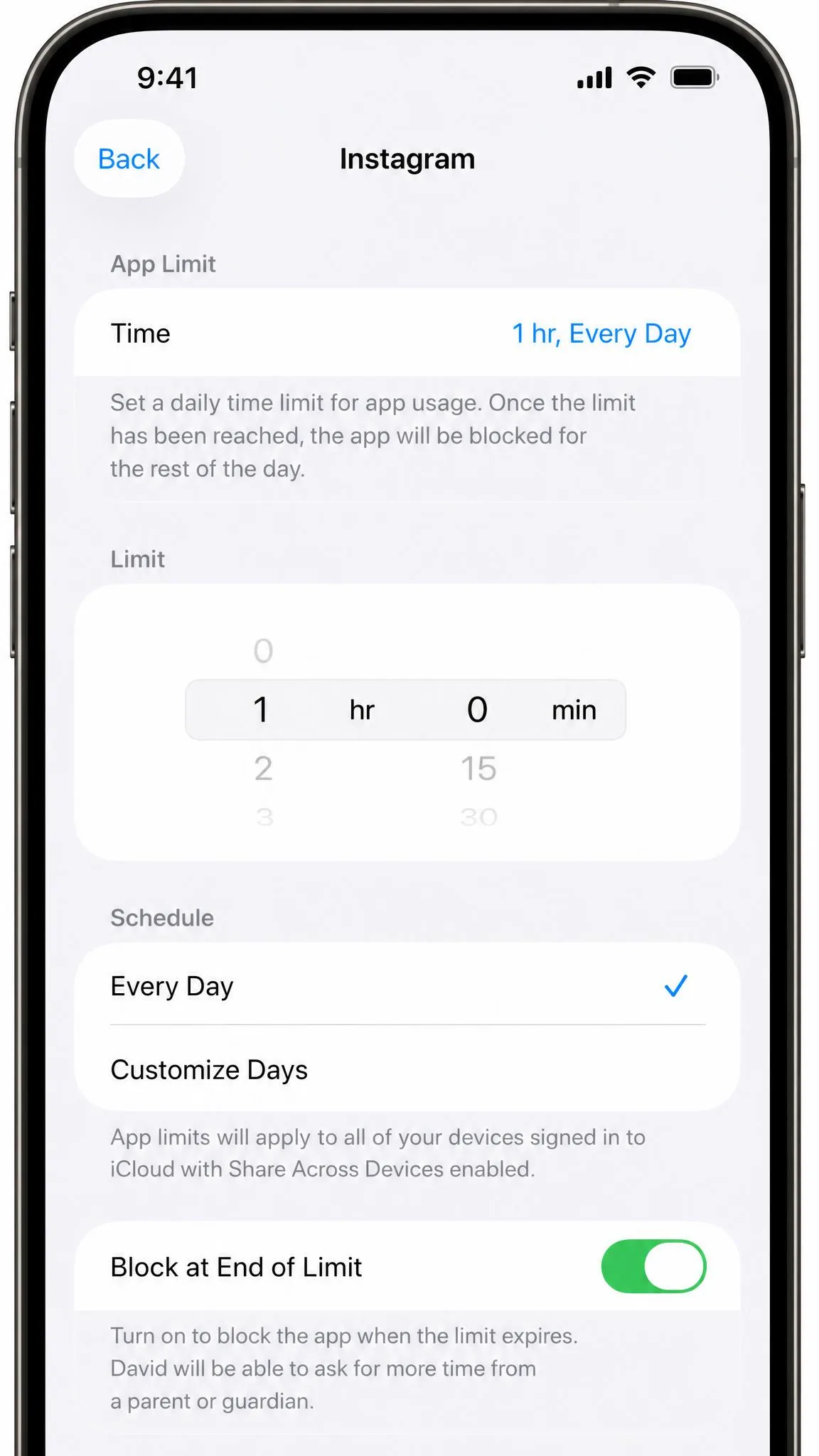 An App Limits detail screen on iOS 26 with a daily time set and the Block at End of Limit toggle switched on at the bottom.