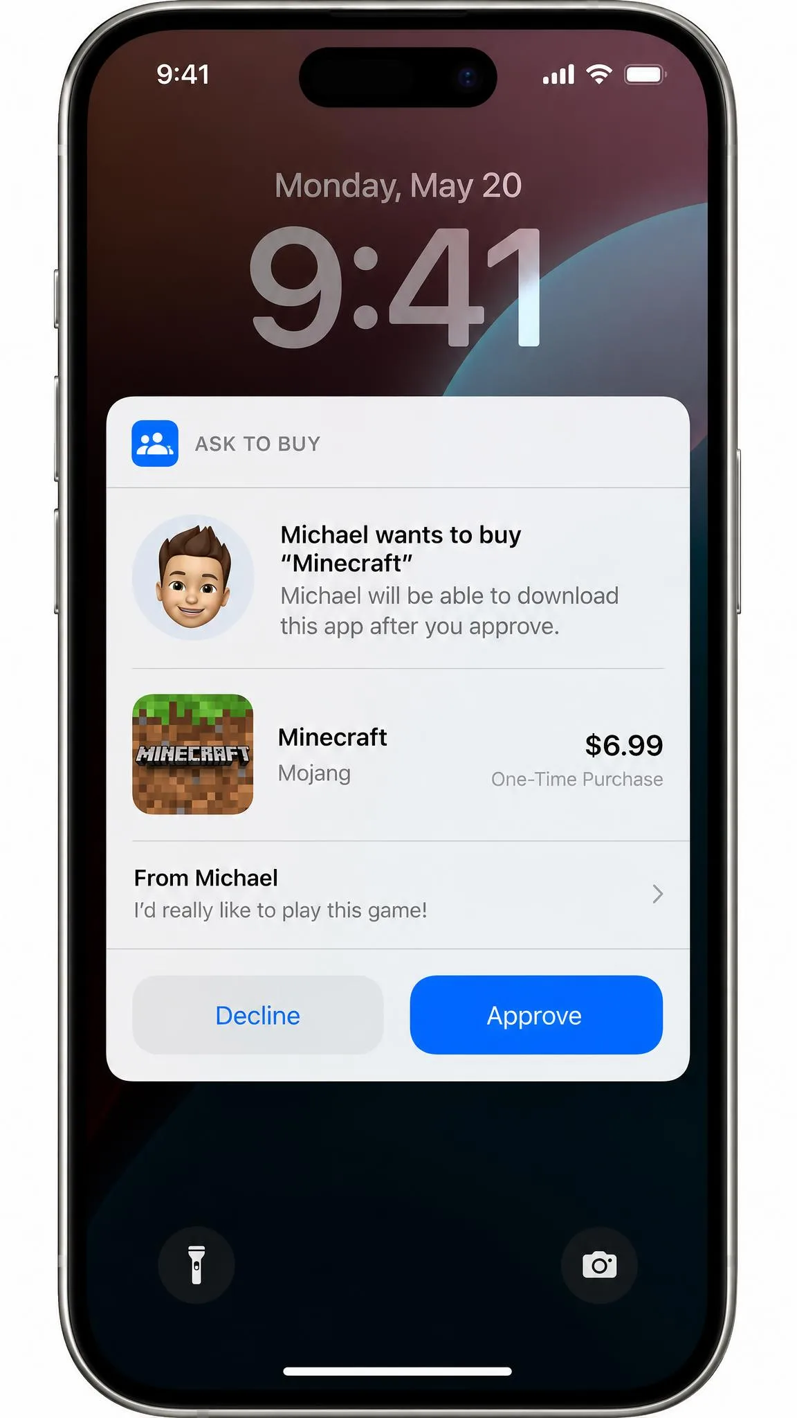 An Ask to Buy approval notification on a parent's iPhone showing a requested app, its price, and the Approve and Decline options.