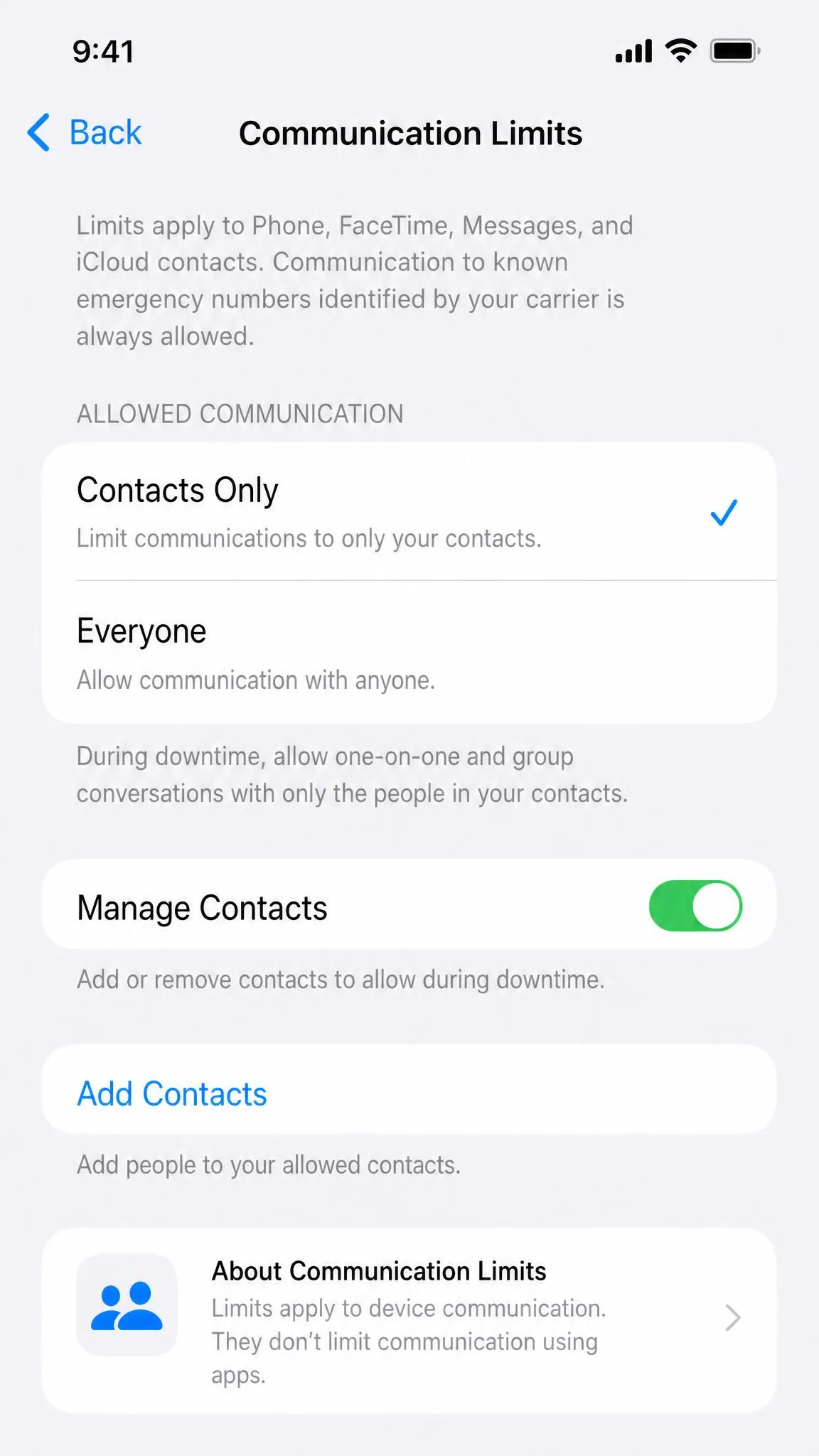 The Communication Limits screen on iOS 26 with Contacts Only selected for Downtime and the Manage Contacts toggle switched on.