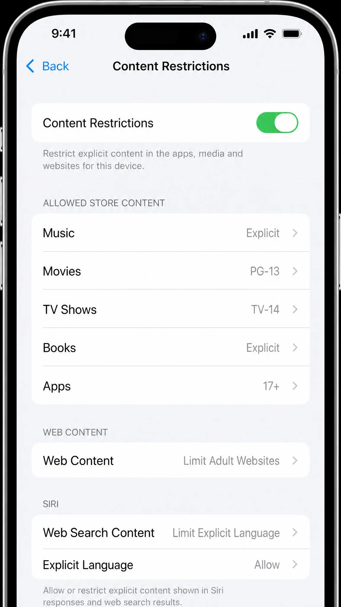 The Content Restrictions screen on iOS 26 listing Music, Movies, TV Shows, Books and Apps rating pickers under Allowed Store Content.