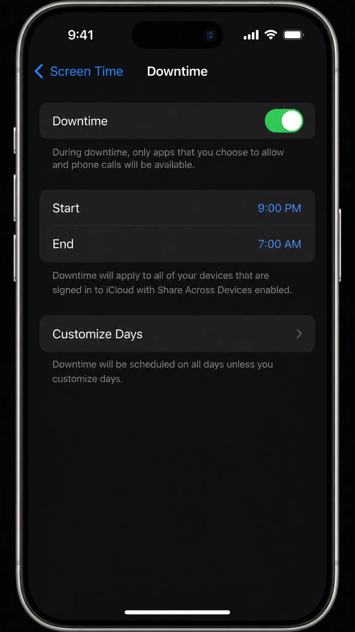 The Downtime setup screen on an iPhone with a scheduled bedtime window from 9pm to 7am and the Customize Days option visible.